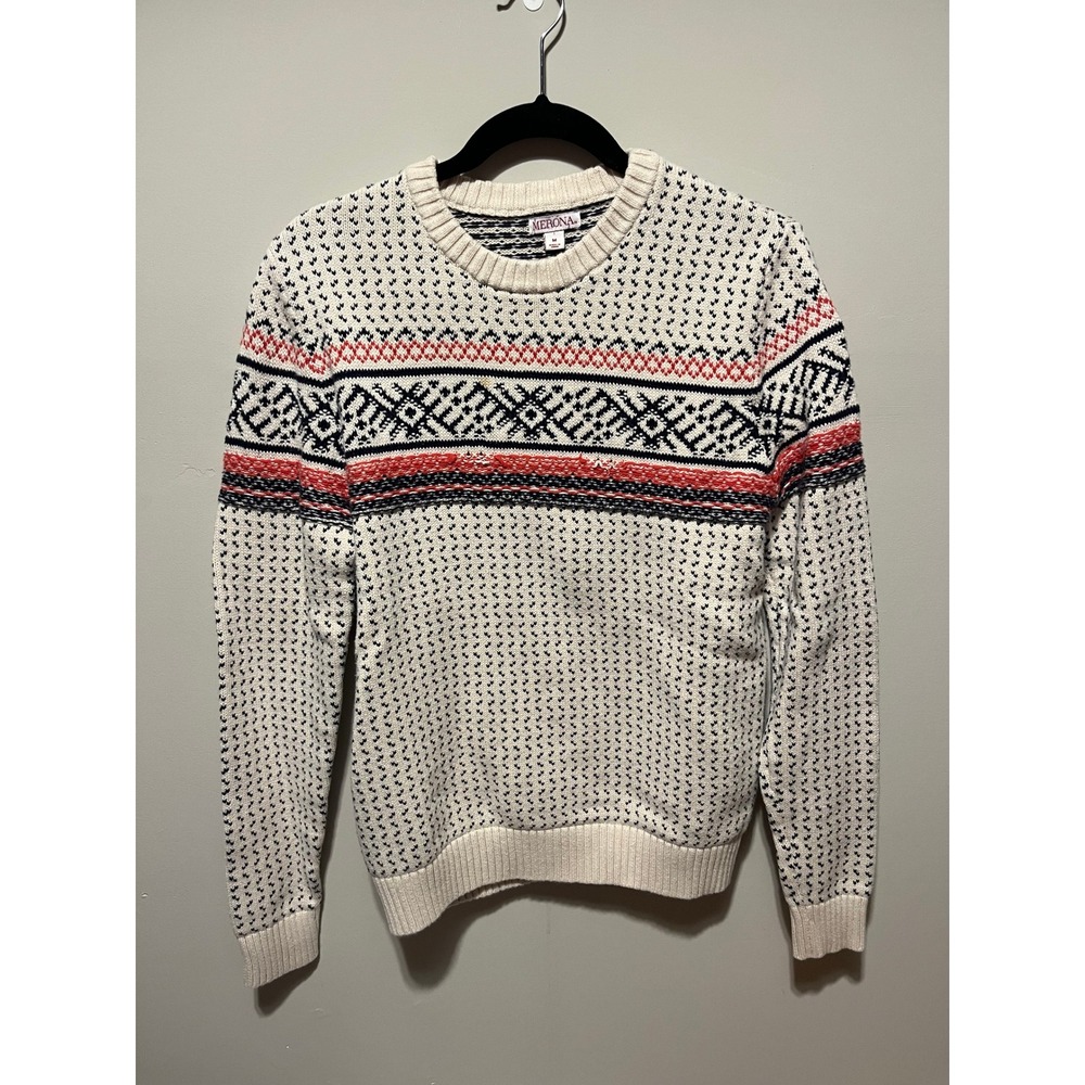 Merona Mens Fair Isle Crew Neck Sweater Cream Navy Red Knit Pullover Medium